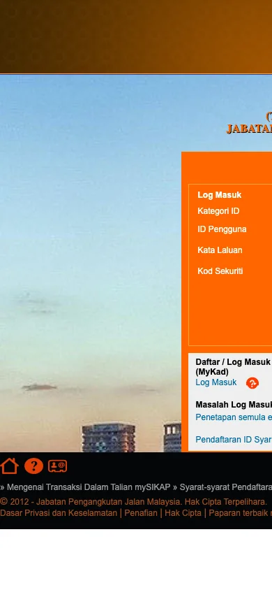 Halaman log masuk portal awam JPJ pada skrin telefon selebar 390 piksel, dengan borang terpotong di sebelah kanan